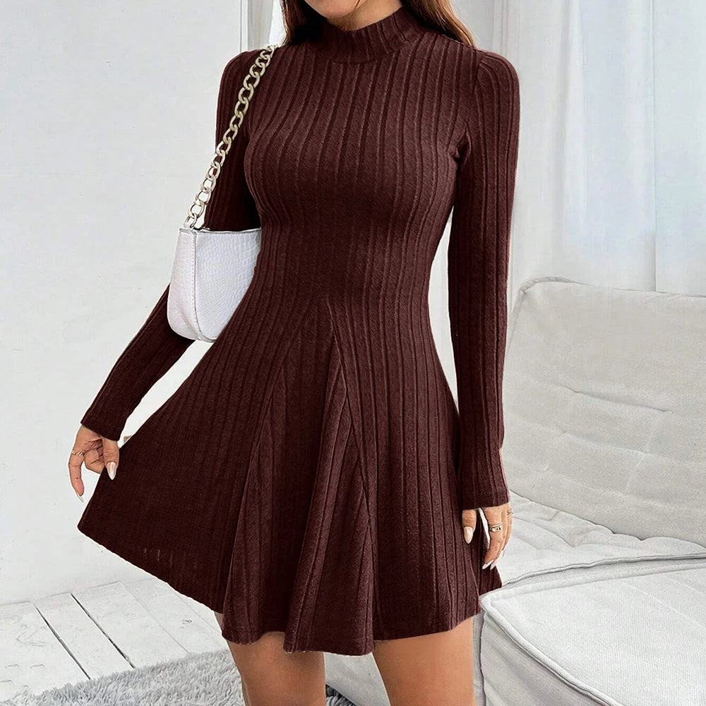 Elegantes Damenkleid mit Stehkragen – A-Linien-Schnitt & lange Ärmel